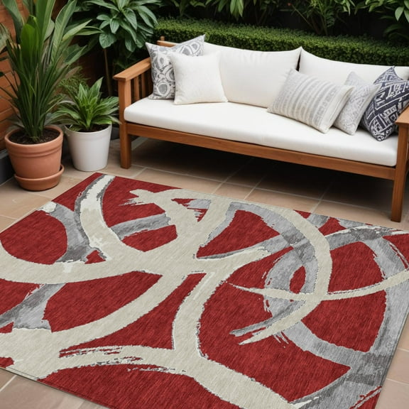 9' X 12' Red Beige And Gray Abstract Washable Indoor Outdoor Area Rug