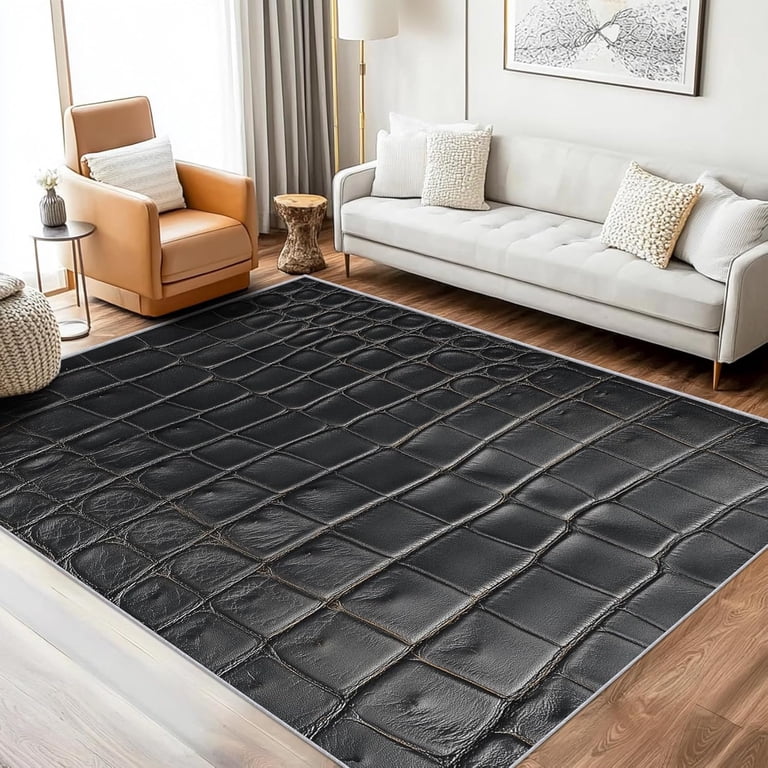 コゲ肌 RUG Black Crocodile Skin Area Rug, Alligator Texture Pattern Carpet