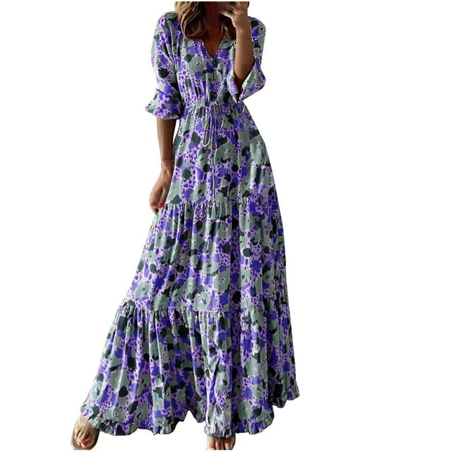 Robe à Manches Longues Femme Mode Femme Col en V Imprimé Manches 3/4 Patchwork Robe Longue Décontractée Robe à Manches Longues pour Femmes Robe à Manches 3/4 pour Femmes Robe à Manches Longues pour Femmes Aguichant