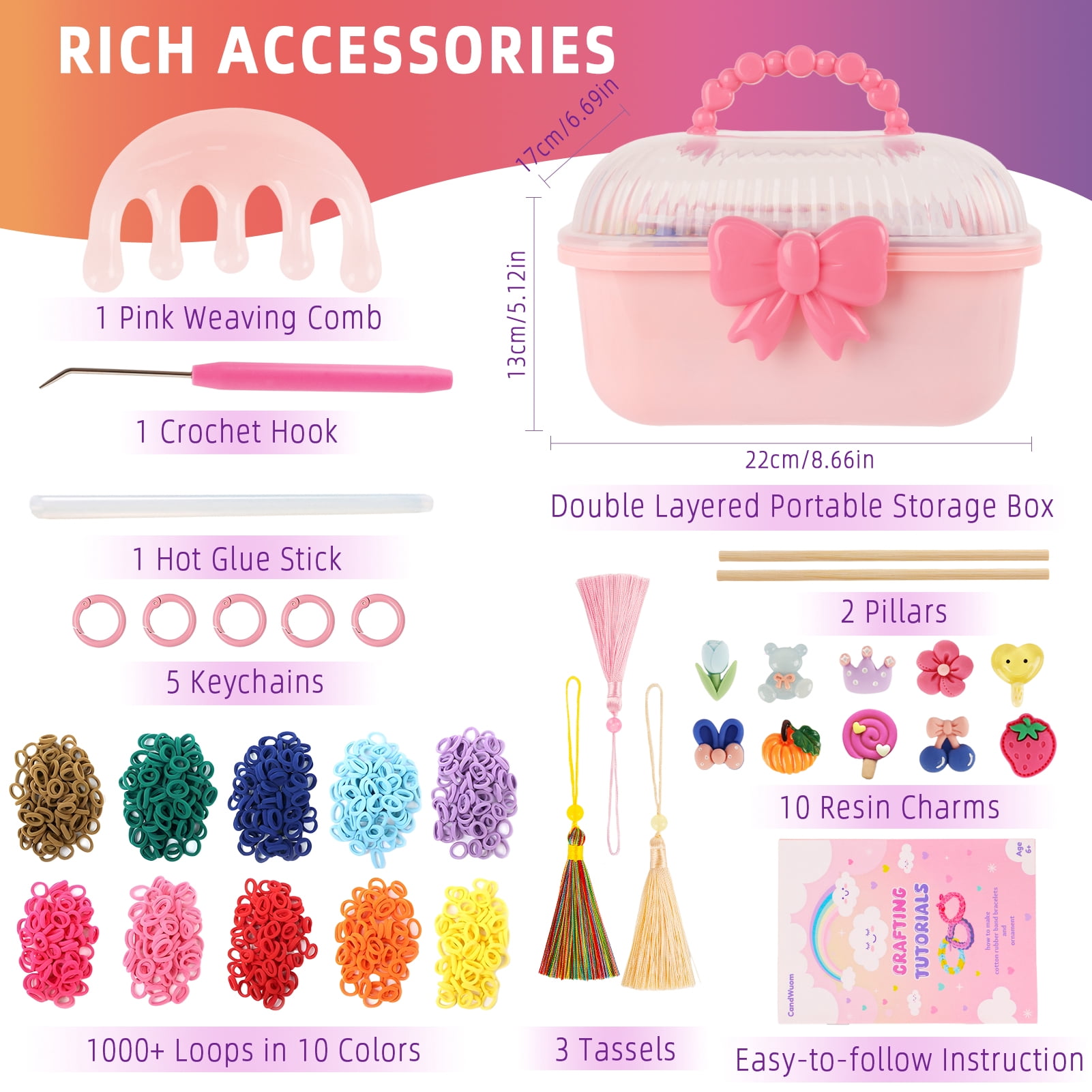CandWuom Rubber Band Bracelet Making Kit for Girls Gift, Weaving Loom Rainbow Bracelet Kit, Birthday Gifts for Kids 6 7 9 10 11 13 Year Old, 1000+ Elastic Cloth Loops