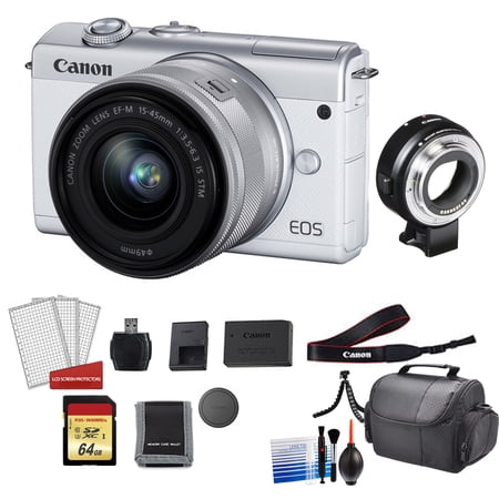 Canon EOS M200 Mirrorless Digital Camera with 15-45mm Lens (White) Kit with Lens Adapter + 64GB Memory Card + More