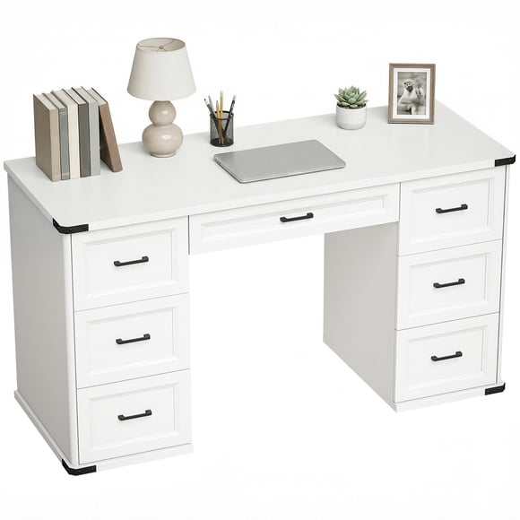 HOMCOM 55" Farmhouse Executive Desk with 7 Drawers, Computer Desk, White
