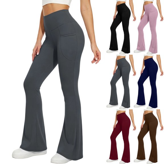 UDAUDU Flare Leggings for Women Workout High Waisted Yoga Pants Tummy Control Butt Lifting Squat Proof Soft Flare Bootcut with Pocket Gray M