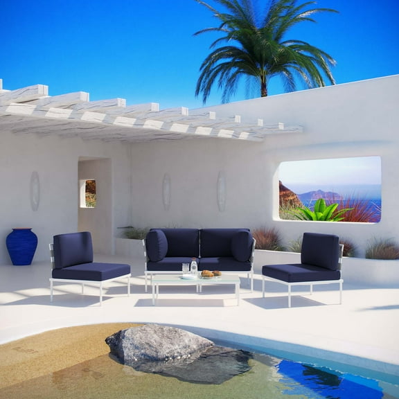 Modway Harmony 5 Piece Outdoor Patio Aluminum Sectional Sofa Set in White Navy