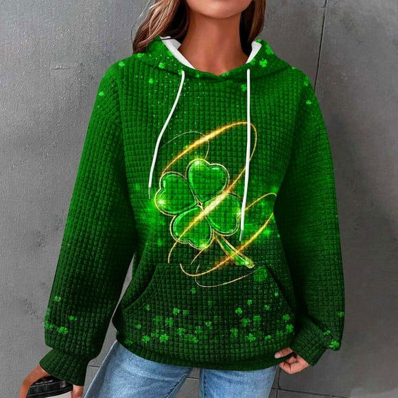 DDAPJ pyju St. Patrick's Day Hoodies for Women Irish Shamrock Print Hooded Sweatshirt Lucky Graphic Hoodie Waffle Knit Drawstring Pullover Tops Flash Sale of Today Green XL
