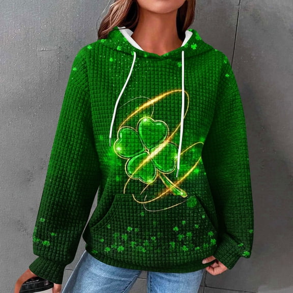 DDAPJ pyju St. Patrick's Day Hoodies for Women Irish Shamrock Print Hooded Sweatshirt Lucky Graphic Hoodie Waffle Knit Drawstring Pullover Tops Green XXL