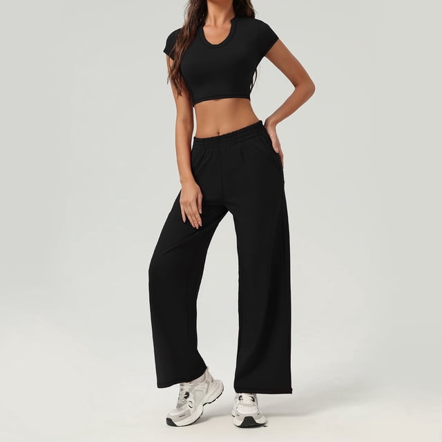 PISONIC Women's V-Neck Crop Top & Shorts Set - Active Fitness Apparel with 4 Color Options