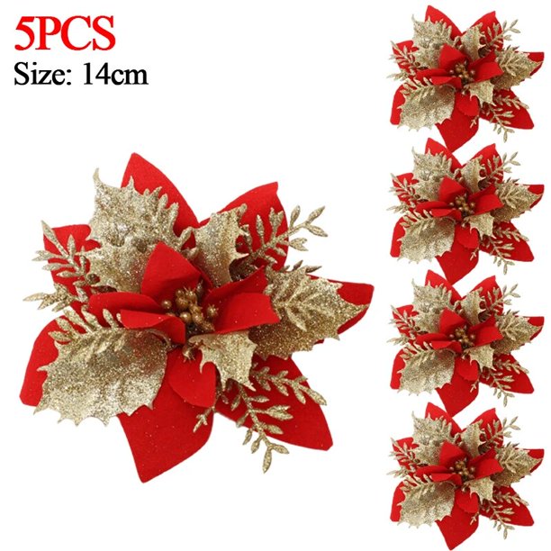 Flores artificiales de Poinsettia con purpurina, adornos para árbol de Navidad, corona, decoraciones para chimenea, bricolaje, 5/10 piezas, 14cm