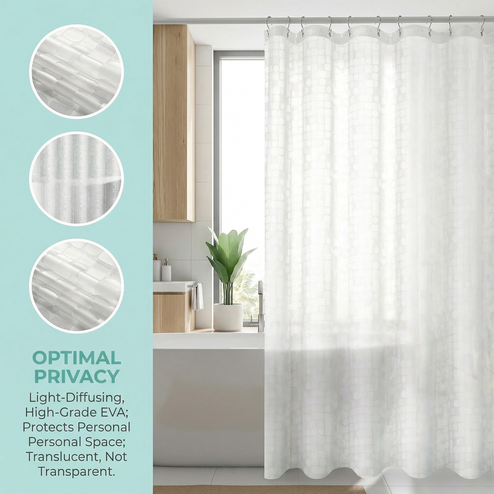 Unique Bargains Semi-Transparent Waterproof Bath Curtain with 12 Hooks White 71"W x 71"L