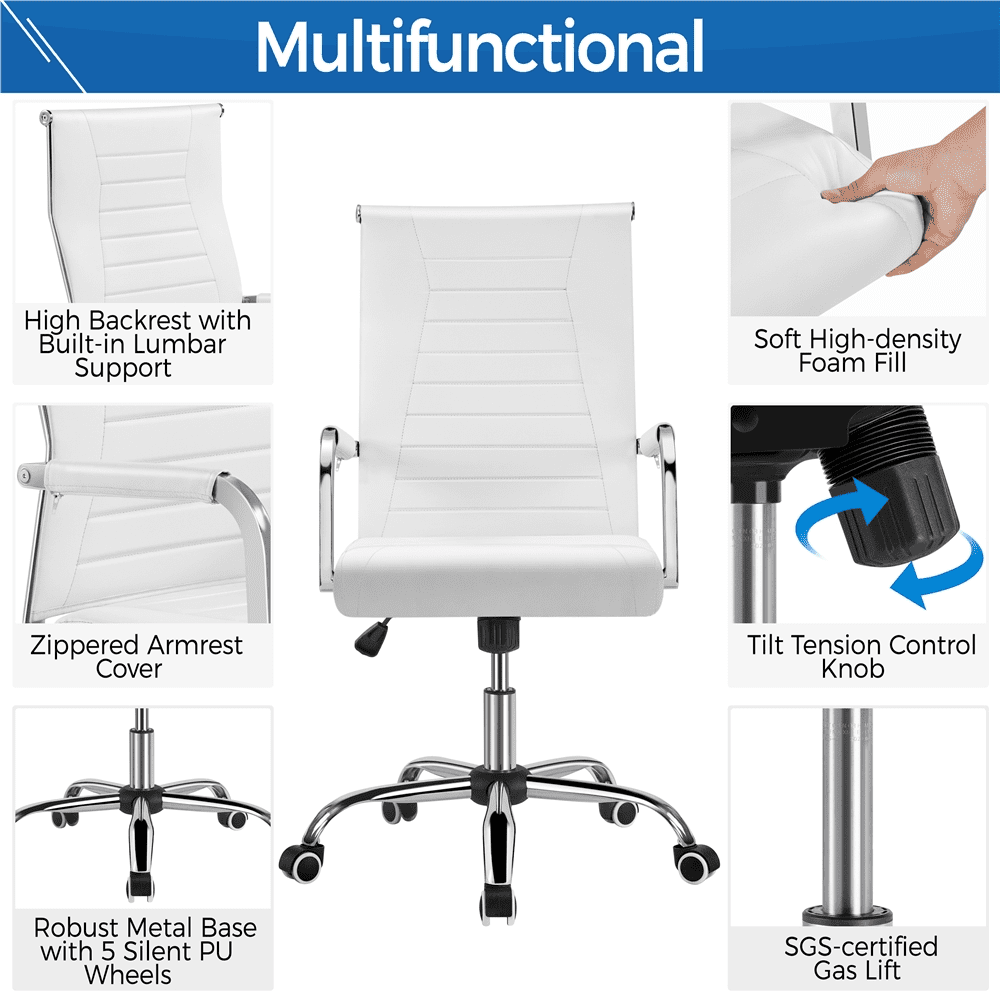 Alden Design Modern Adult Faux Leather Office Desk Chair with Mid-back for Home Office, White