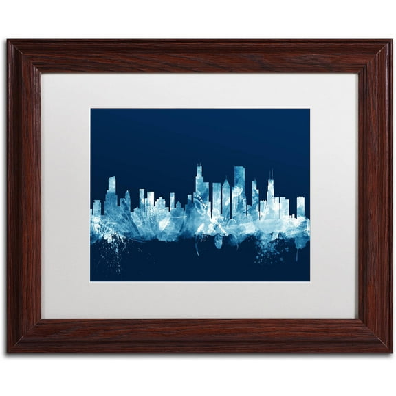 Trademark Fine Art "Chicago Illinois Skyline Navy" Canvas Art by Michael Tompsett, White Matte, Wood Frame