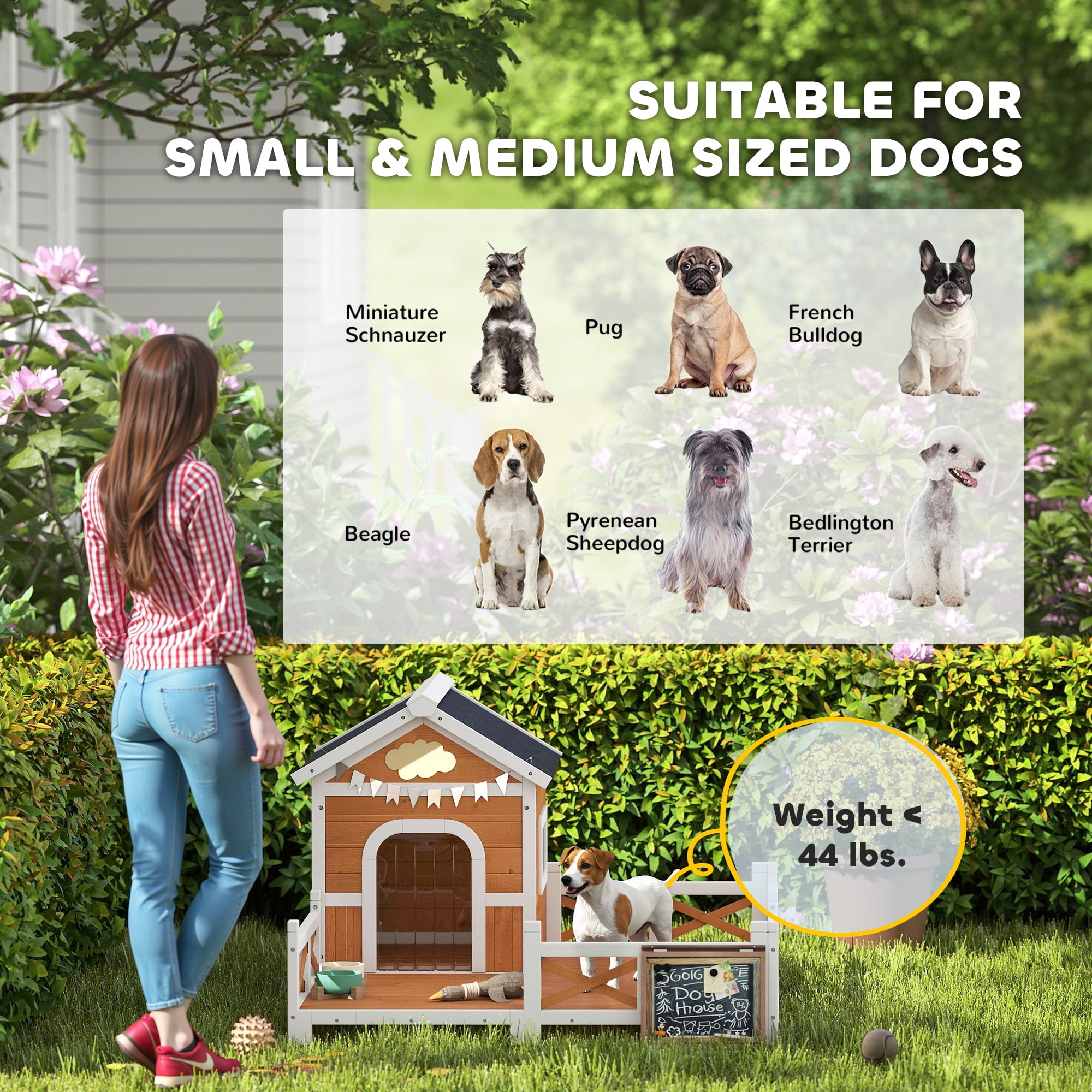 PawHut Outdoor Dog House, Wooden Dog Shlter with Large Porch, Weatherproof & Openable Roof, Elevated Base, Removable Floor