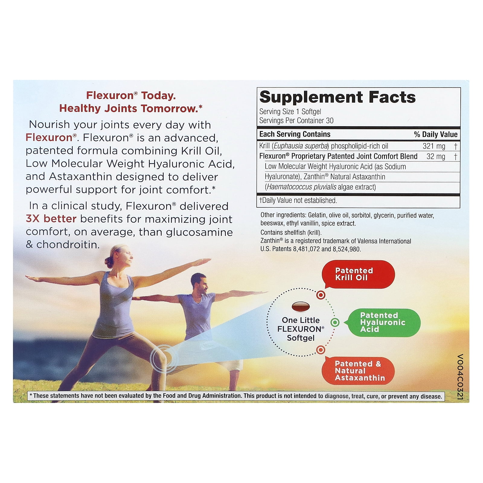 Flexuron Joint Formula by Purity Products - 3X Better than Glucosamine and Chondroitin - Starts Working in just 7 Days - Krill Oil, Low Molecular Weight Hyaluronic Acid, Astaxanthin - 30 count