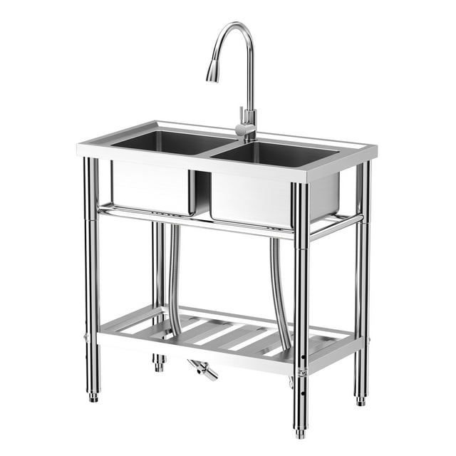 BeesClover Bassin Utilitaire à Double Bol en Acier Inoxydable 304 Certifié NSF – Pattes Ajustables Résistantes à la Corrosion, Robinet Extractible Eau Chaude et Froide – Idéal pour Restaurant, Buanderie, Garage