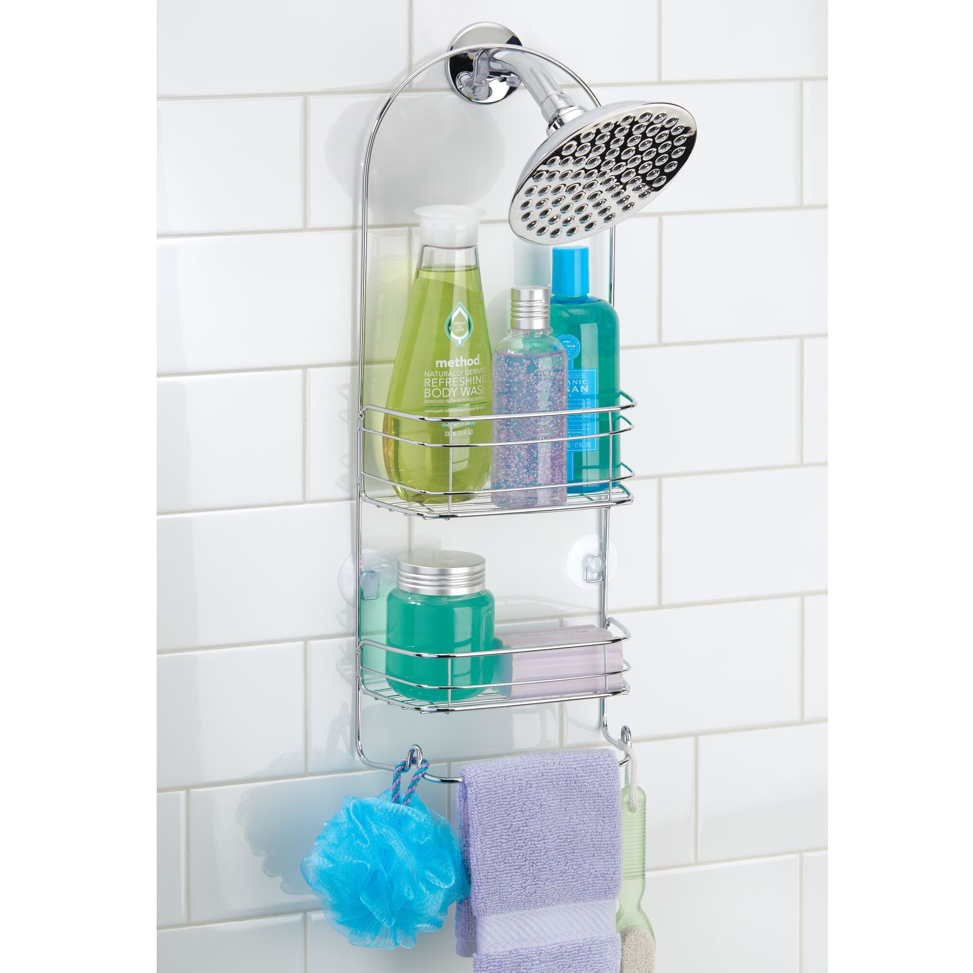 Dracelo Chrome Bathroom Organizer Shower Caddy, Hanging Head Two Shelf Shower Organizer Basket Plus Dish, Grey