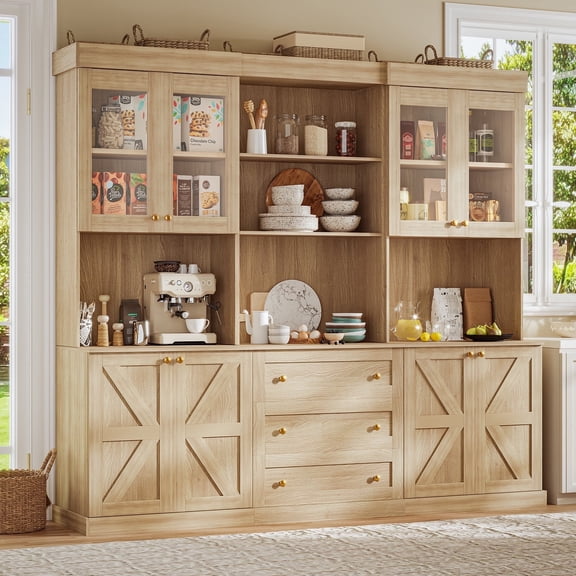 71" Tall Farmhouse Pantry Cabinet,Freestanding Coffee Bar Hutch With Adjustable Shelves,Large Storage For Home Office,Dining Room,Living Room,Brown,3 Pcs