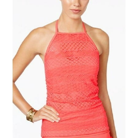 Island Escape Solid Coral Sky High-Neck Crochet Tankini Swimsuit Top NWT Size 10