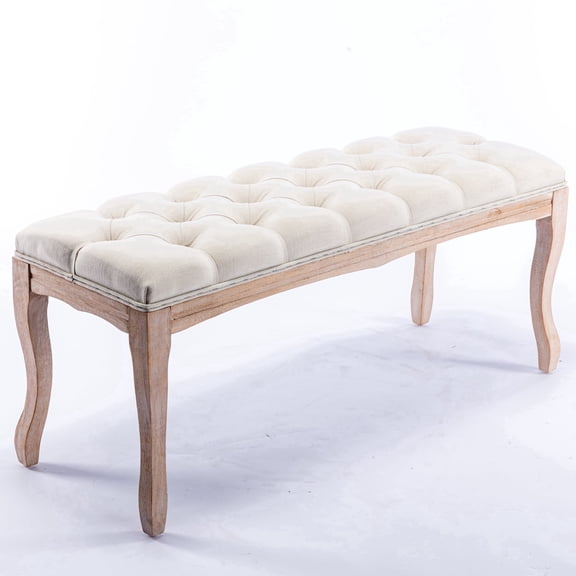 43.3" Bedroom Bench, French Vintage Tufted Entryway Bench, Carving Upholstered End of Bed Bench with Distressed Wood Legs, Linen Ottoman Seat for Living Room, Foyer, Dining Room, Beige