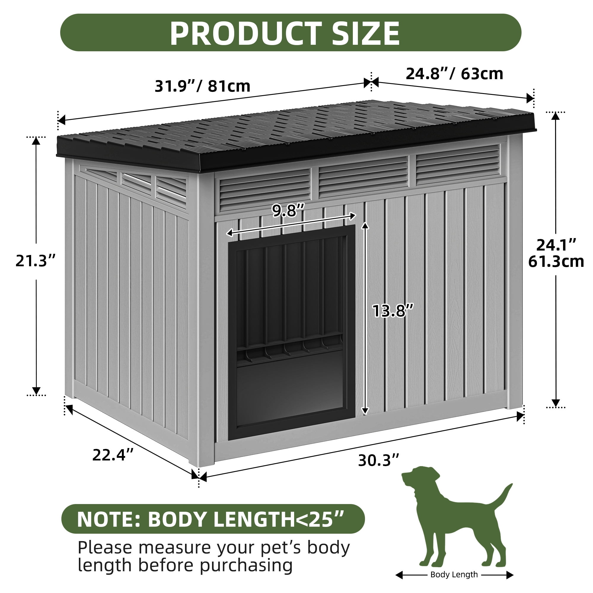 Uforic 32" Plastic Dog House, Outdoor Indoor Dog Kennel with Liftable Roof & Good Ventilation for Medium Dogs, Gray