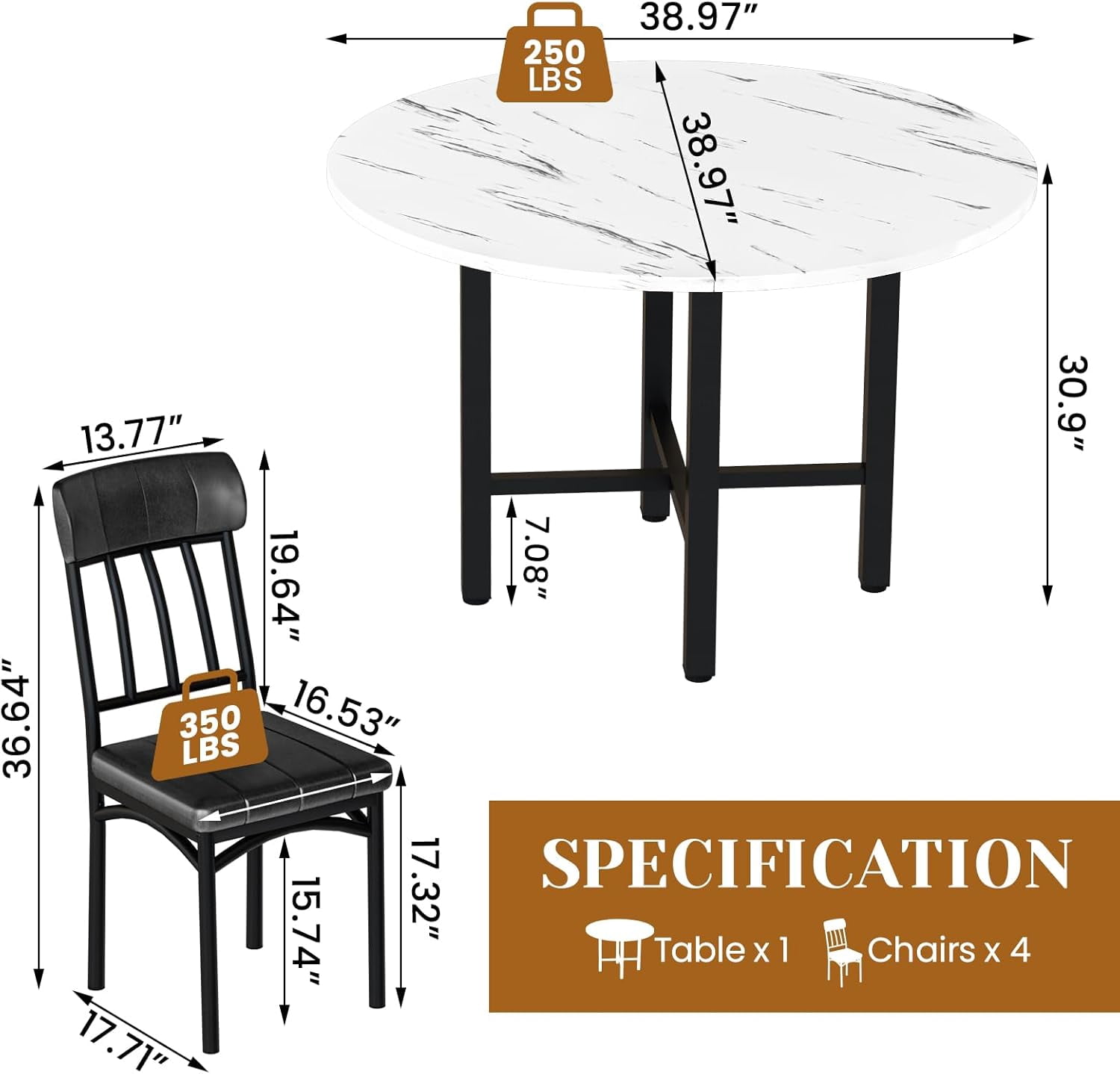 MIERES Marble-Effect Kitchen Dining Table Set Round Dining Table and Chair Set Includes 4 Leather-Backed Chairs Ideal for Kitchens, Apartments, and Compact Dining Areas