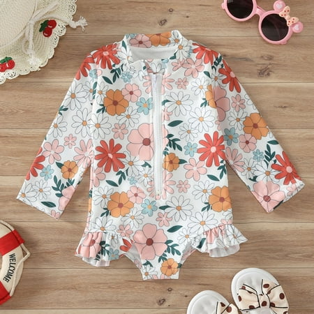 NAISIBABY Long Sleeve Swimsuit for Girls  Zipper Floral Prints Rash Guard Kids One Piece Swimwear White 3-4T