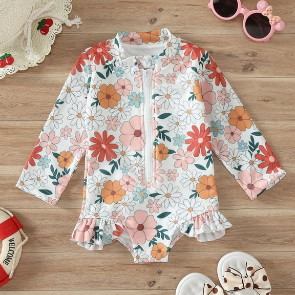 ATOGUTA Girls One Piece Swimsuits Long Sleeve Rash Guard for Kids Girls Hawaiian Swim Shirts White, Size 1T-5T