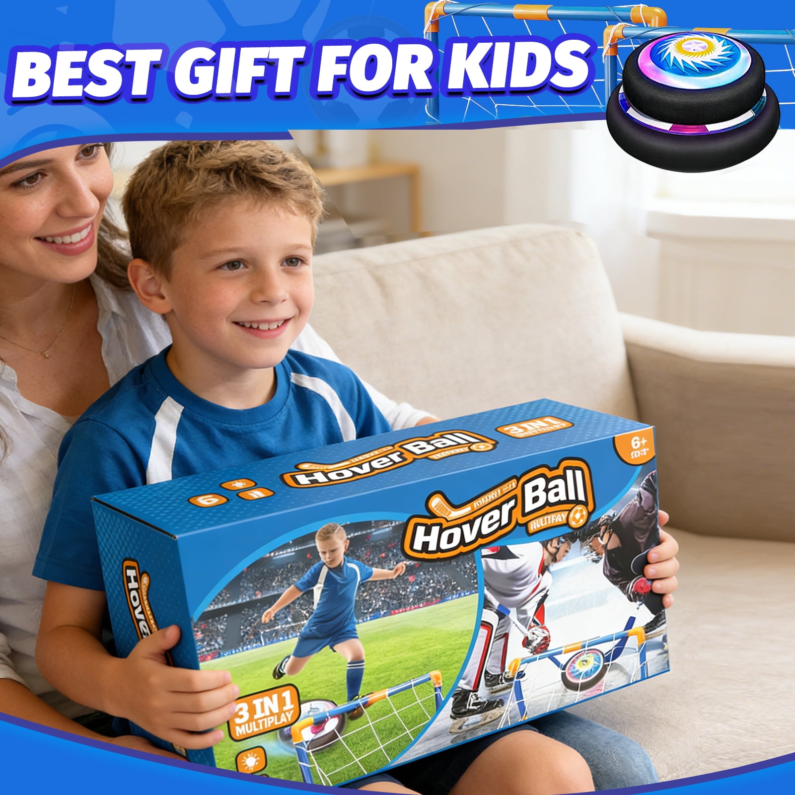 Leimiao 3-in-1 Hover Soccer Ball, Kids Toddler Hockey Set with LED Lights,Indoor Outdoor Toys for Kids 3+