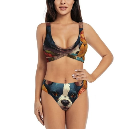 Zeuib Cute Colorful Flower French Bulldog High Waisted Tummy Control Bikini Set - Knot Front Push Up Top & Cheeky Thong Bottom  Two-Piece Swimsuit for Women-Small