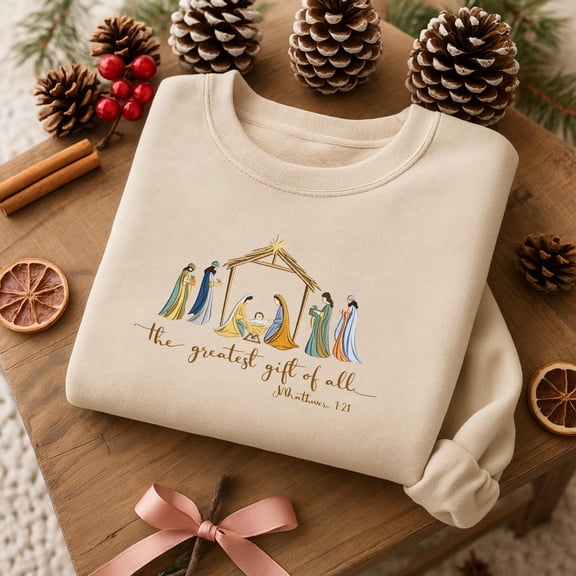 Embroidered The Greatest Gift of All Christian Shirt, Nativity Scene Matthew 1:21 Shirt, Faith Based Christmas Sweater, Religious Holiday