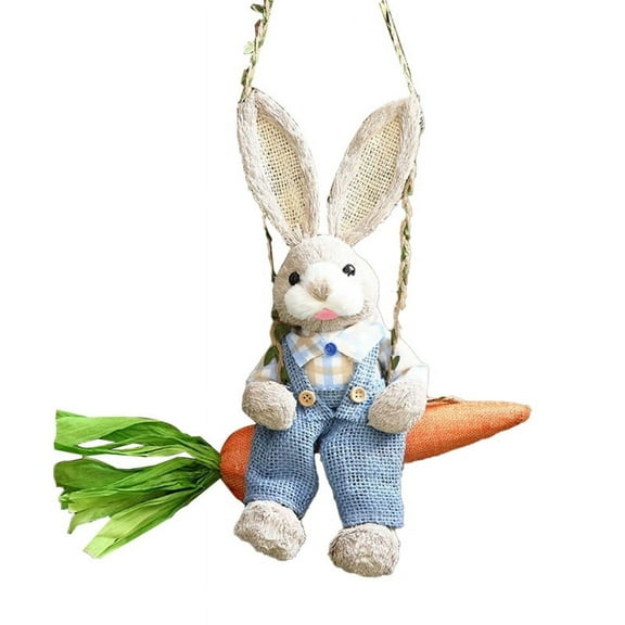 Easter Straw Bunny Figurine, Straw  on Carrot Swing, Bunny Statue Hanging Ornament for Easter Holiday Home Decor B