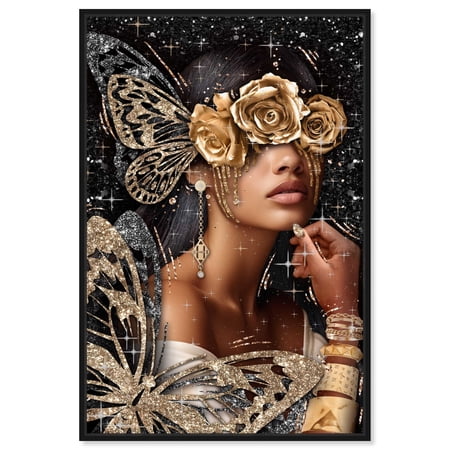 Golden Butterfly Goddess Canvas Glam Women Art by Art Remedy, Black Frame, 10" x 15"
