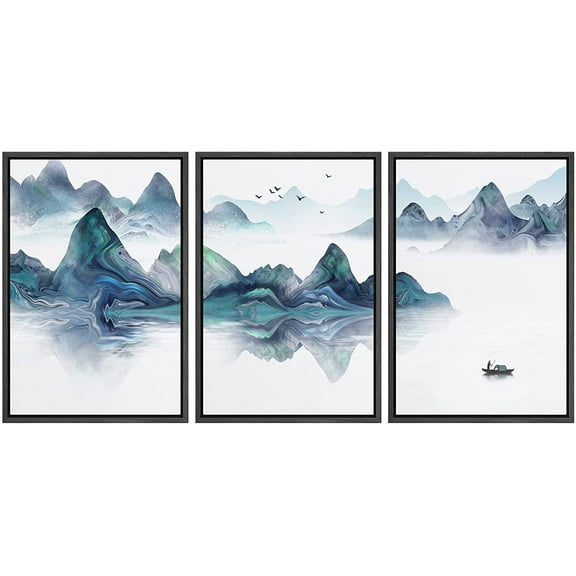 IDEA4WALL Framed Canvas Print Wall Art Set Pastel Blue Mountain Range Boat Sea Nature Wilderness Modern Art Decorative Landscape Rustic for Living Room, Bedroom, Office - 24"x36"x3 Black