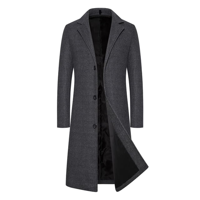 KIHOUT Men's Wool Trench Coat Single Breasted Slim Fit Mid-Length Notched Collar Winter Overcoat Quilted Pea Coats