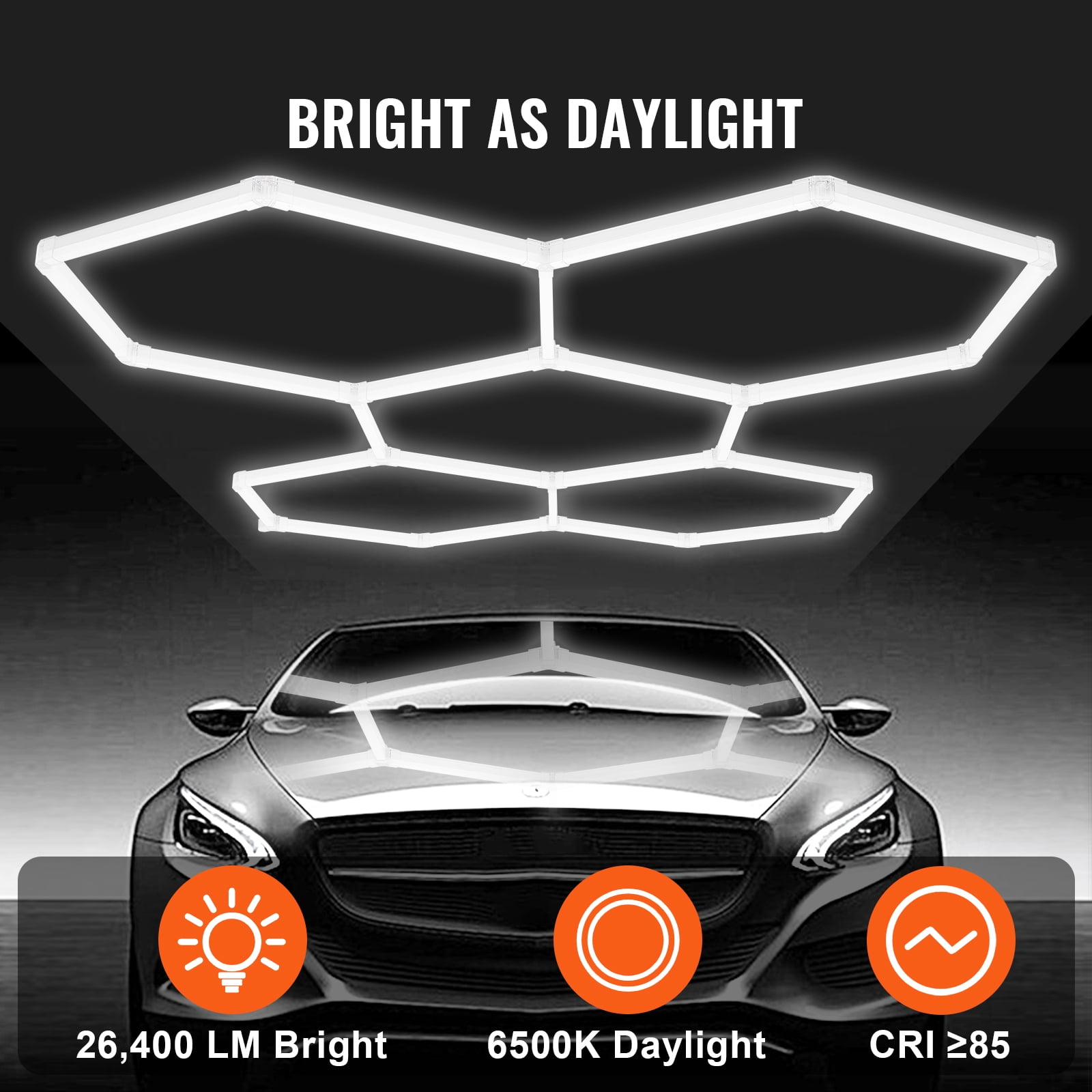 KFFKFF Hexagonal Garage Illumination, 26400LM, 6500K, 5-Unit Honeycomb LED Ceiling Fixtures, DIY Cool White Lighting for Car Detailing, Gyms, Basements, and Workshops