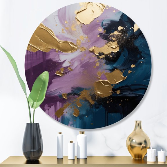 Designart "Realities On Canvas Purple and Blue IV" Abstract Painting Metal Round Wall Art Prints