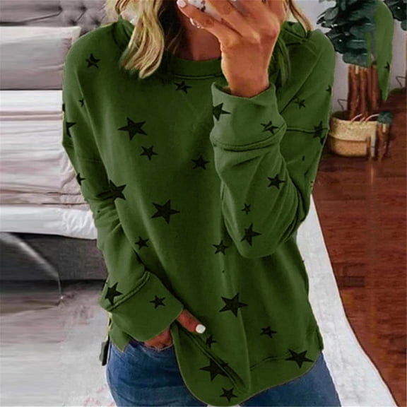 Brilliant Womens Plus Size Women Fashion Star Print Patchwork Long Sleeves Tops Blouse Sweatshirt Clearance Clothes under $5.00
