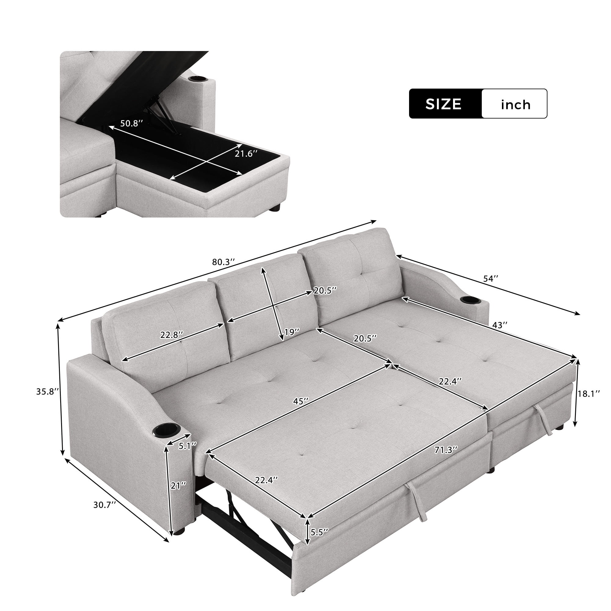 Aukfa Sofa Bed, Sleeper Sofa, 2 in 1 Pull Out Bed with Storage Chaise for Living Room, Linen, Gray