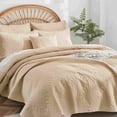 thumbnail image 3 of Hyashoshi Khaki Fan-Shaped Pattern King Size Quilt Set, 3 Pieces Lightweight Bedspread Coverlet, Floral Ultrasonic Quilted Bedding for King Beds, Soft All Season Reversible Quilt with 2 Pillow Shams, 3 of 6