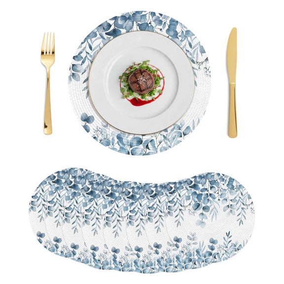 Blue Green Eucalyptus Leaves Round 15 Inch Placemats Set of 8, Spring Summer Botanical HeatResistant Non Slip Place Mats for Dining Table, Wipeable Braided Kitchen Table Mats for Housewarming