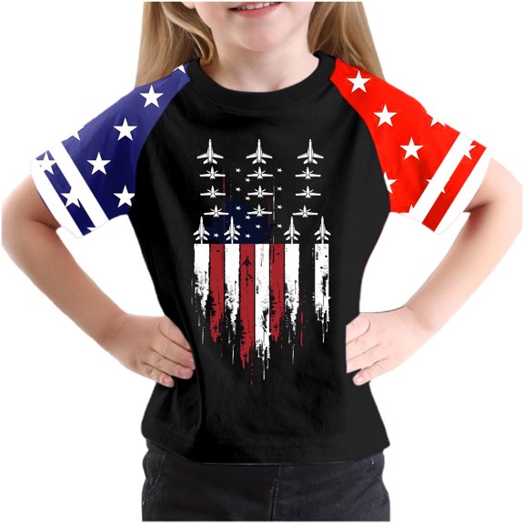 USA Striped Graphic Tee Shirts for Kids Girl Boy Summer Fall Short Sleeve Crew Neck Lounge Kawaii Tops T shirt Child 2026 Clothing Trendy Regular Fit