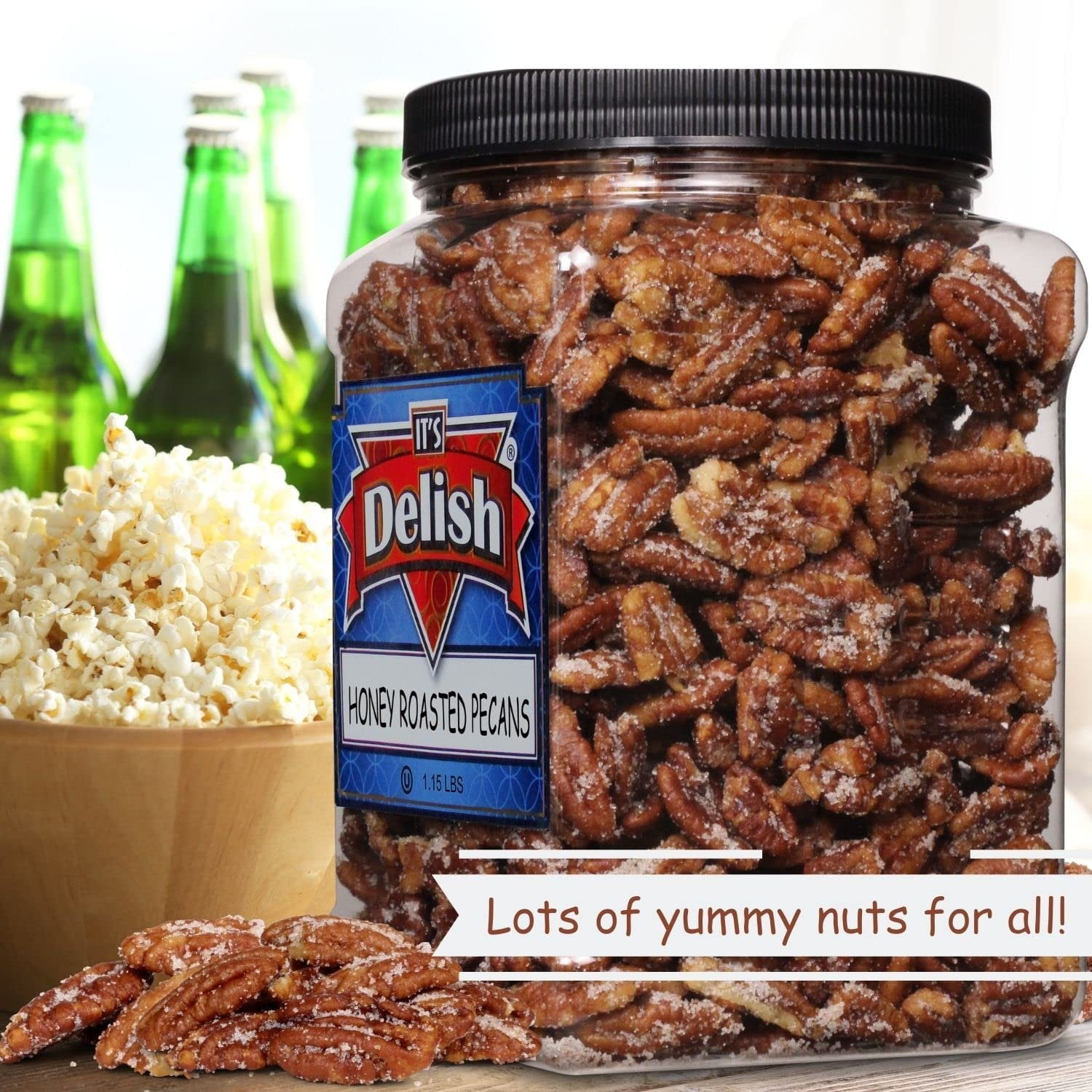 Honey Roasted Pecans by It's Delish, 1.15 LBS Reusable Jumbo Container  Gourmet Pecan Nuts in Honey Sugar Coating, Sweet & Heart Healthy Salted Nut, Kids Snack - Non-Dairy, Kosher Parve