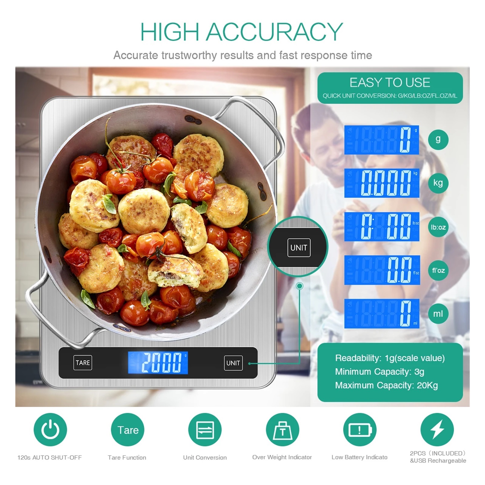 20Kg/1g Digital Kitchen Scale USB Powered Balance Multifunction Food Scale for Baking Cooking Household Weigh Electronic Scale ,Simple Operation