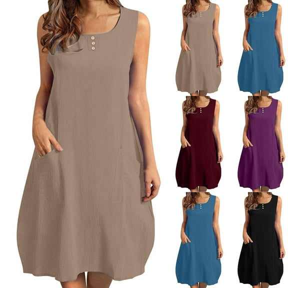 Akafmk Summer Dresses for Women Casual Dresses,Solid Color Round Neck Mid-Length Dress Sleeveless Tank Midi Dresses Cotton Linen A Line Beach Sundress