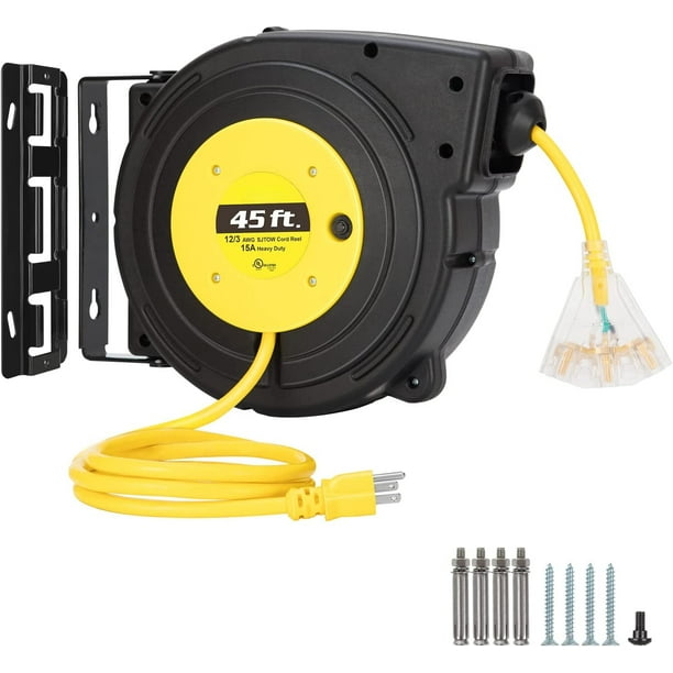 12 Gauge Extension Cord Reel 45 FT Retractable Extension Cord 12 AWG/3C SJTOW Heavy Duty Power