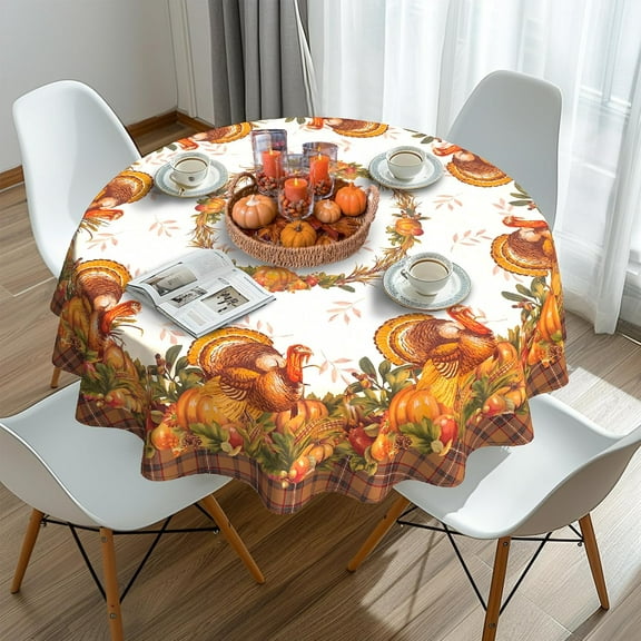 Thanksgiving Turkey Tablecloth Vintage Fall Pumpkin Table Cloth for Kitchen Decoration - 60" X 60" Round