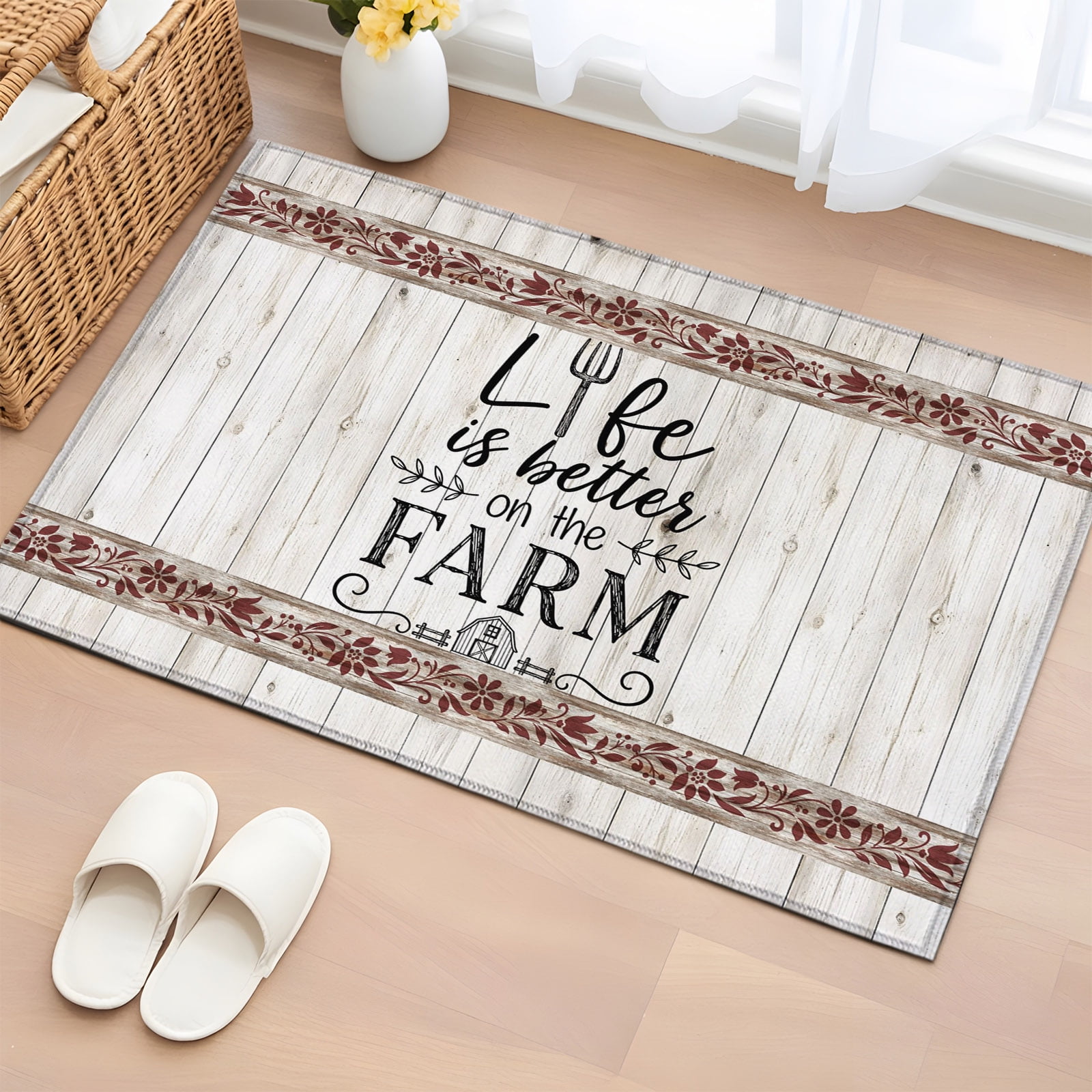 Rectangle Rug 2x3ft Area Rug Life Is Better on The Farm Words Area Rugs for Living Room Bedroom White Wood Board Floor Mat Non-Slip Non-Shedding Carpet Indoor Accent Rugs