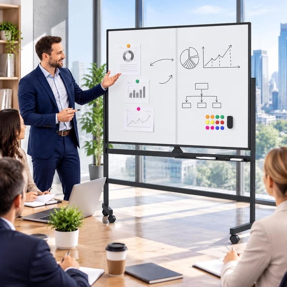 Double-Sided Magnetic Rolling Dry Erase Board, 48 x 36 Inch, Lockable Wheels, Black, for Office Use