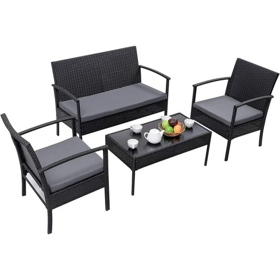 4-Piece Patio Furniture Set, Outdoor All-Weather Rattan Wicker Patio Conversation Furniture Set w/Tempered Glass Tabletop & 3 Removable Cushions for Patio, Garden, Poolside