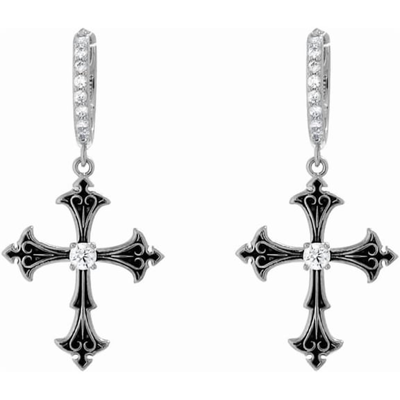Gothic Cross Dangle Hoop Earrings for Women Black Crystal Cross Rhinestone Cubic Zirconia Punk Dangling Drop Charm Earrings Fashion Ear Jewelry