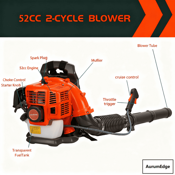 AurumEdge Backpack Gas Powered Leaf Blower, 6800r/min 52CC 2-Cycle 550 CFM Gas Powered Leaf Blower